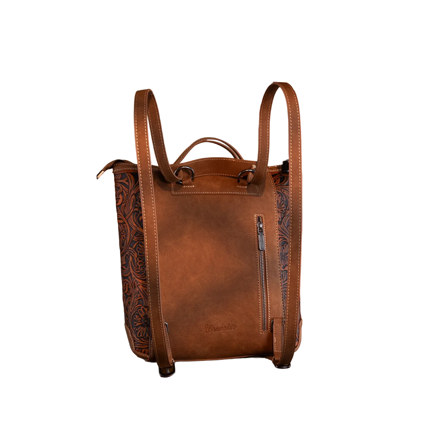 Genuine Hair-On Cowhide Floral Tooled Convertible Backpack/Crossbody - Brown)