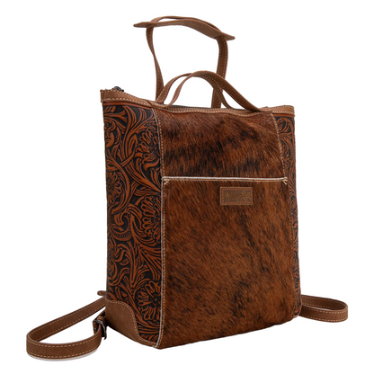 Genuine Hair-On Cowhide Floral Tooled Convertible Backpack/Crossbody - Brown)
