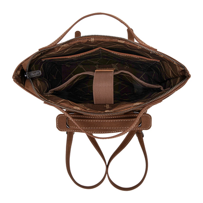 Genuine Hair-On Cowhide Floral Tooled Convertible Backpack/Crossbody - Brown)